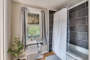 Hair dryer, towels, soap, shampoo