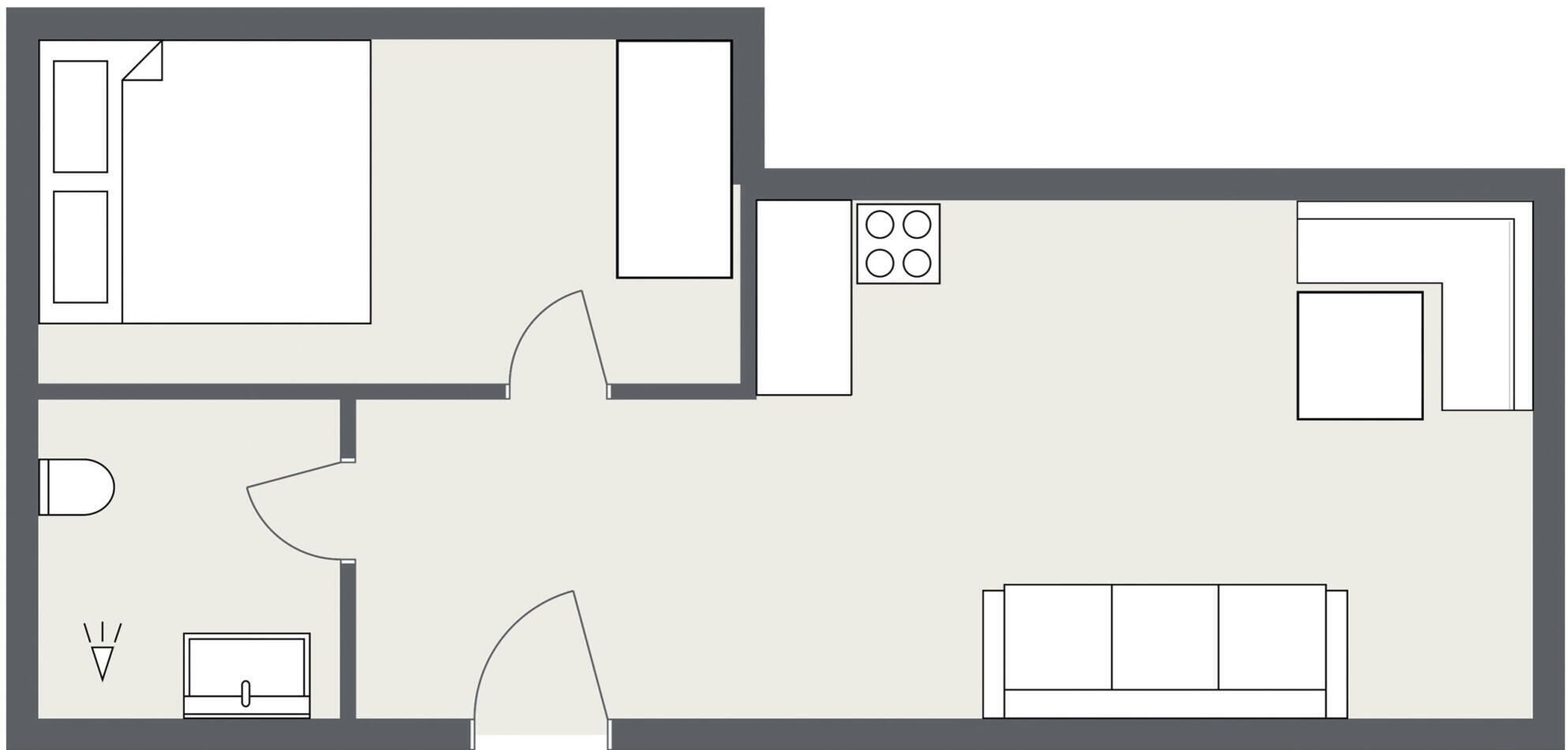 Grundriss der Wohnung 13 in Alt Montafon, mit Küche, Essbereich, Wohnzimmer und kleinem Badezimmer.