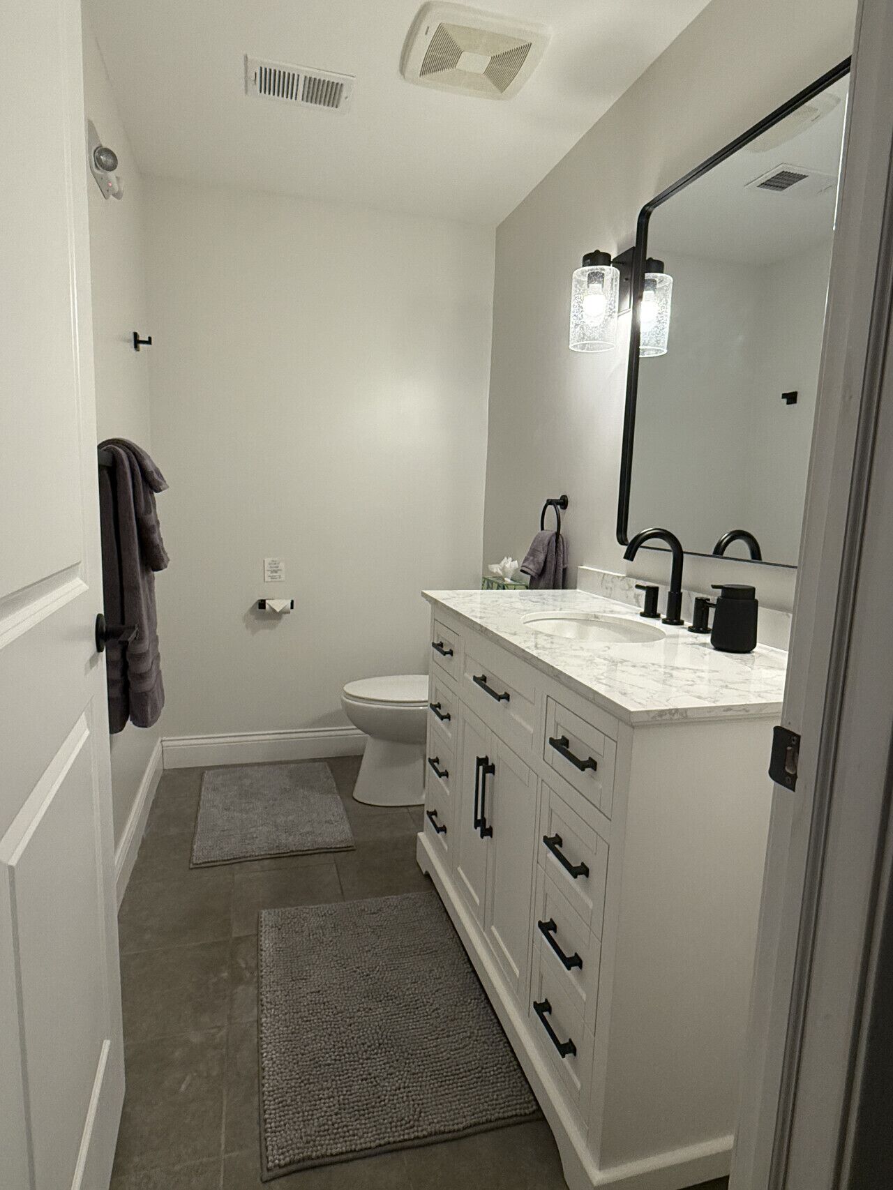 Hair dryer, towels, soap, shampoo