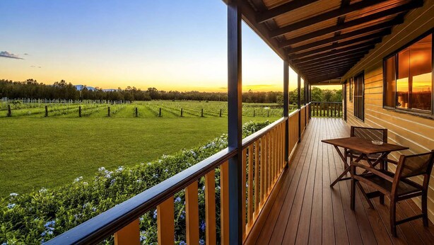 A wooden deck with a table and chairs, overlooking a vineyard.