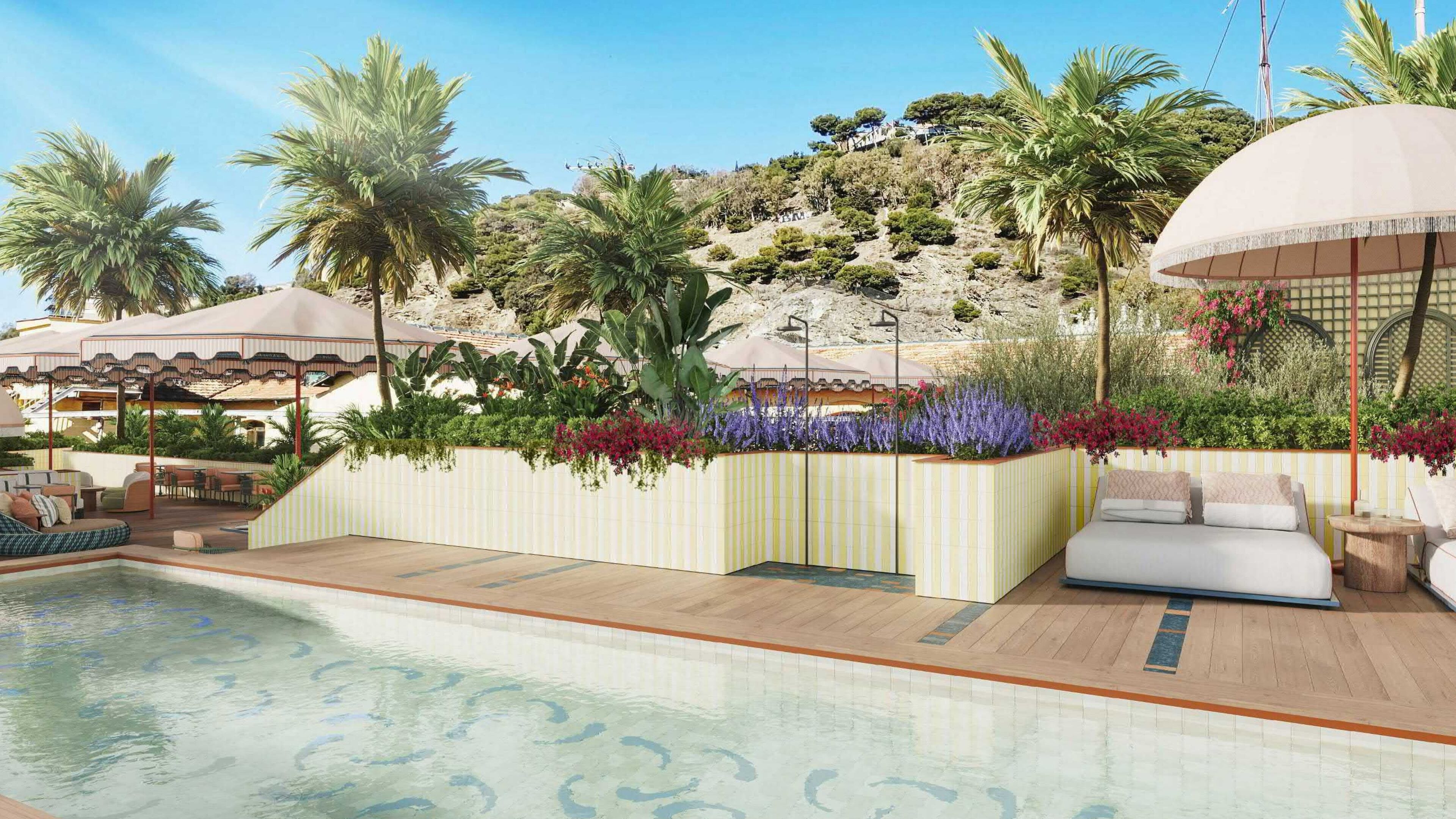 Inomhuspool, en säsongsöppen utomhuspool, parasoller och solstolar