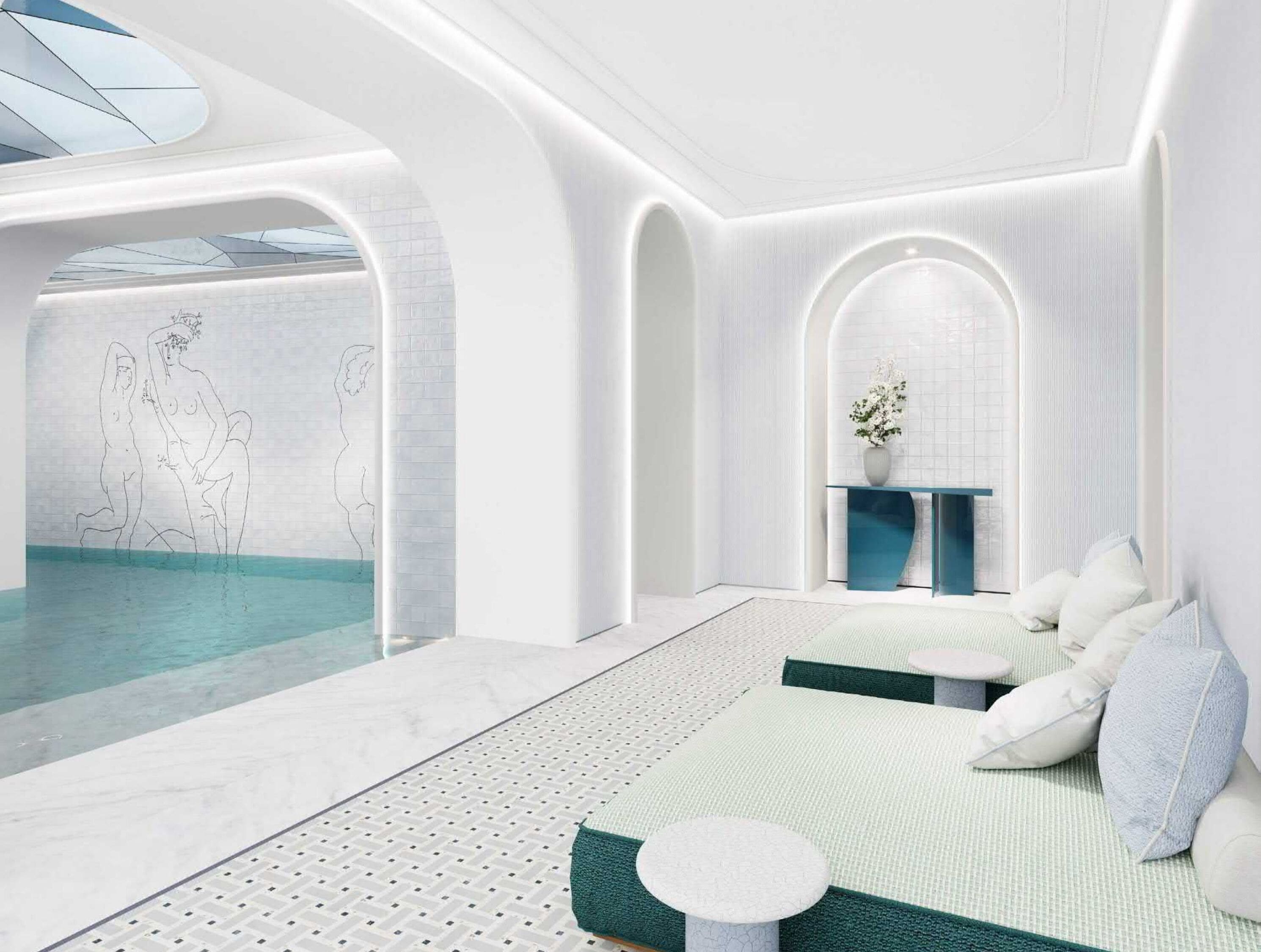 Una piscina techada, una piscina al aire libre de temporada, sombrillas