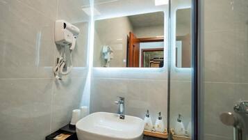 Shower, hair dryer, towels, shampoo