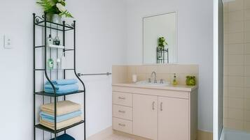 Shower, hair dryer, towels