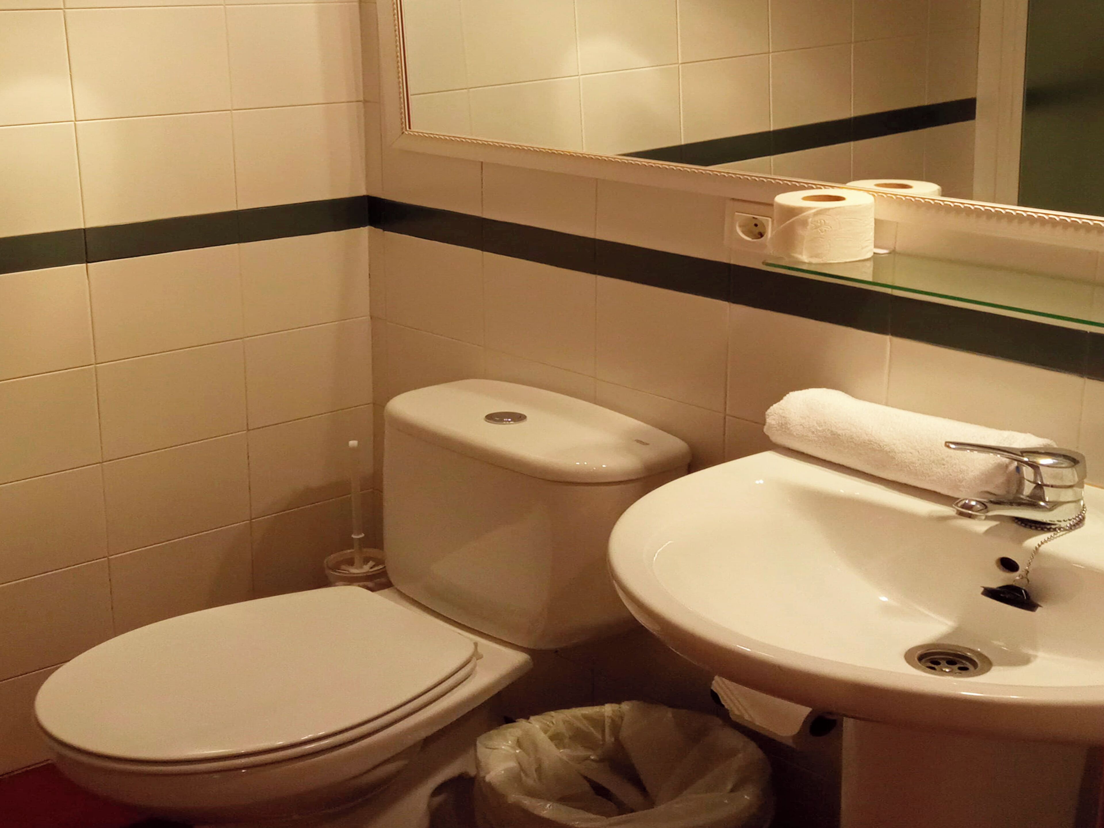 Een badkamer met toilet, wastafel en spiegel.