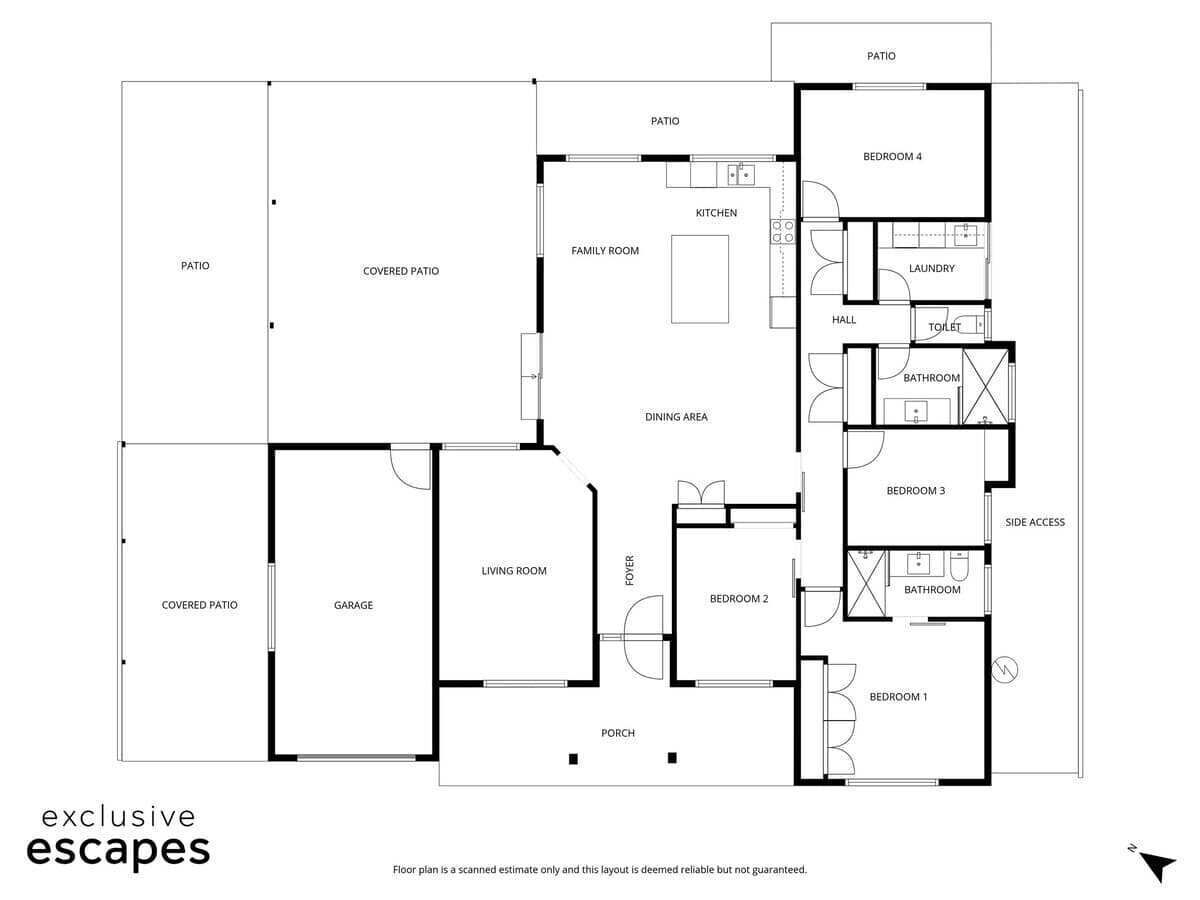 A floor plan with a covered patio, living room, kitchen, dining area, family room, bedrooms, bathroom, and garage.