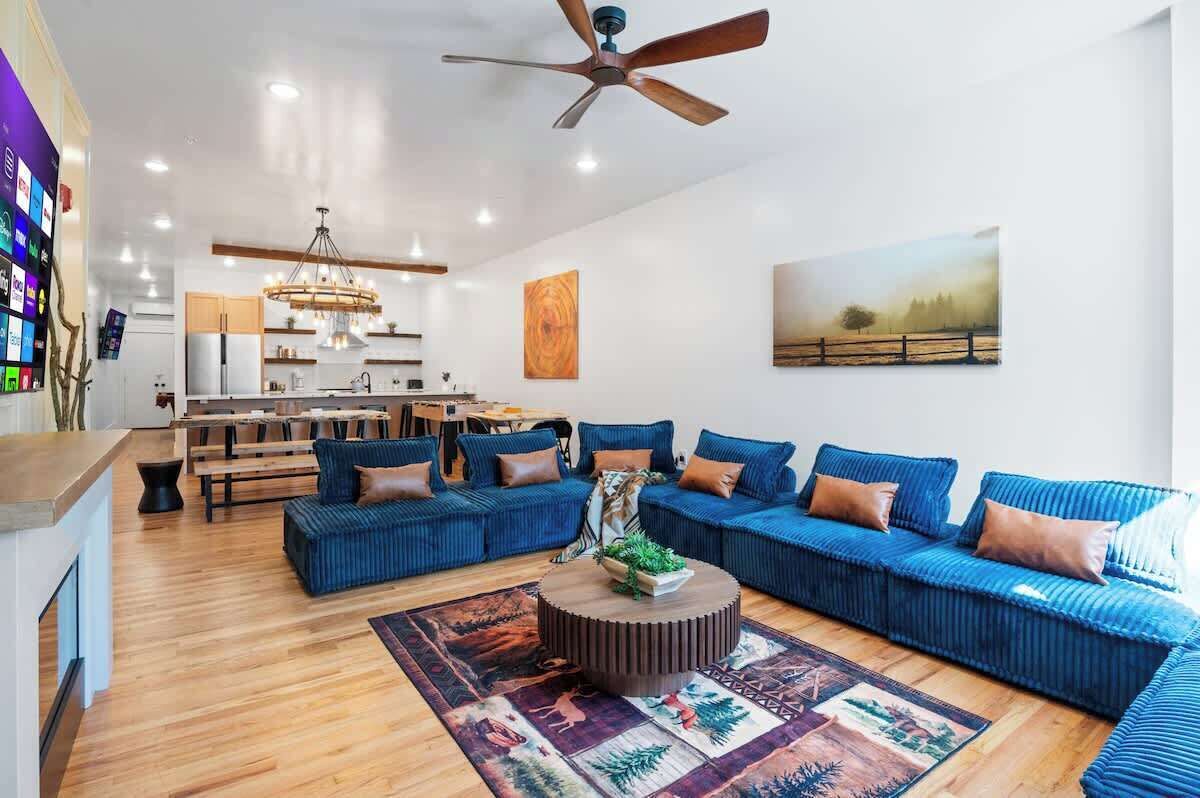 TV, fireplace, foosball, offices