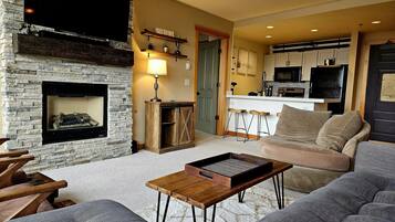 TV, fireplace, books