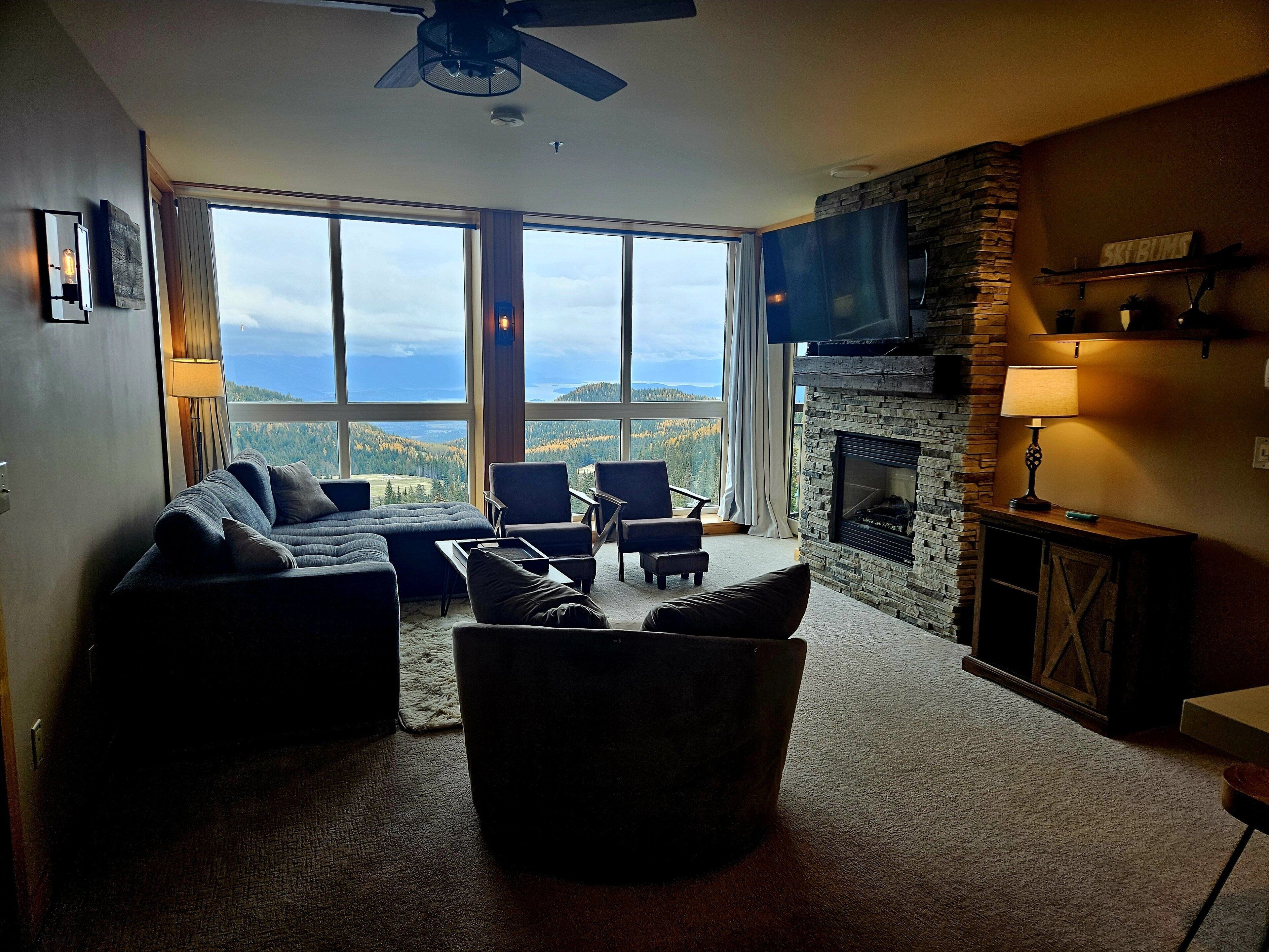 TV, fireplace, books