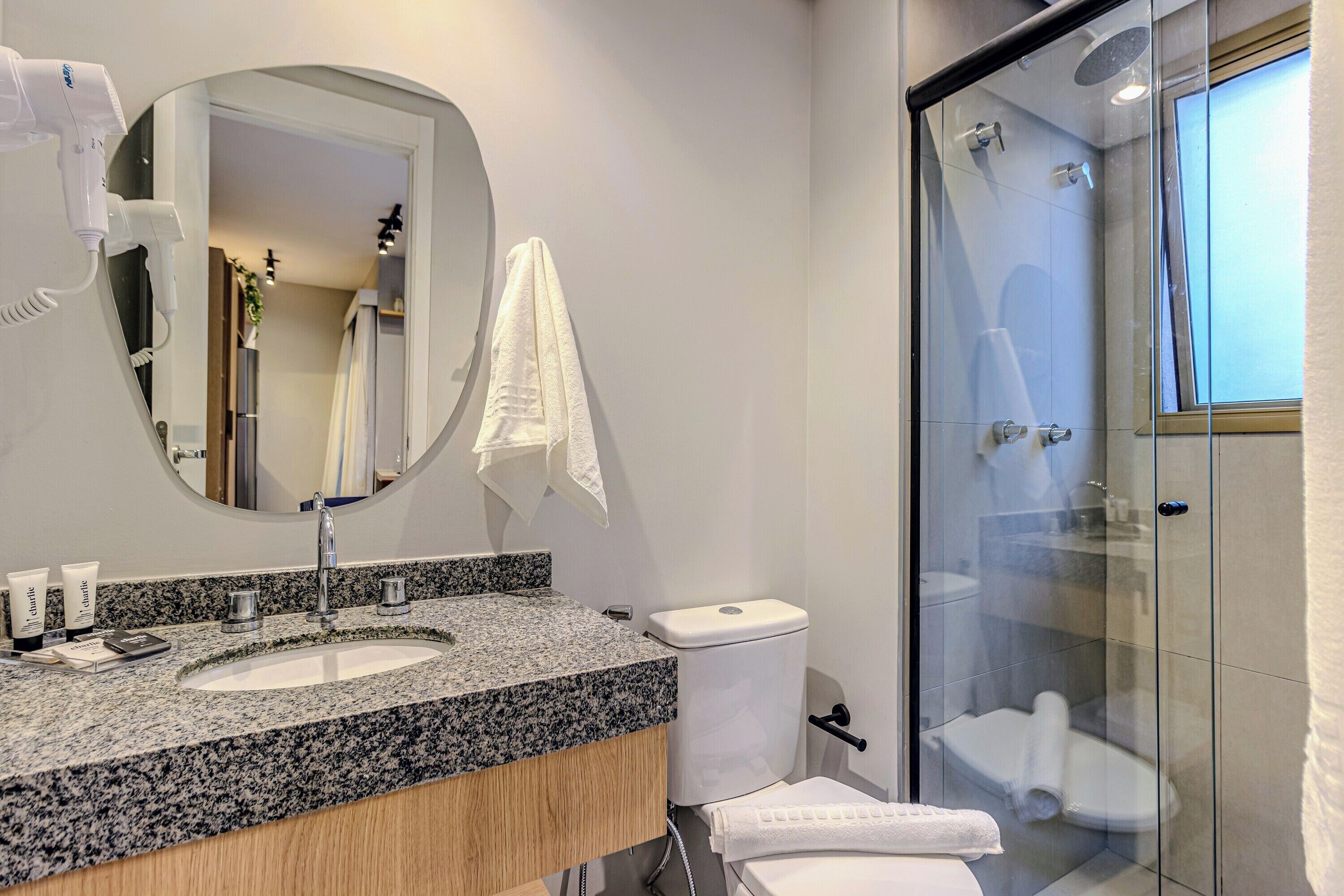 A modern bathroom with a granite countertop sink, a large mirror, a toilet, and a glass-enclosed shower.