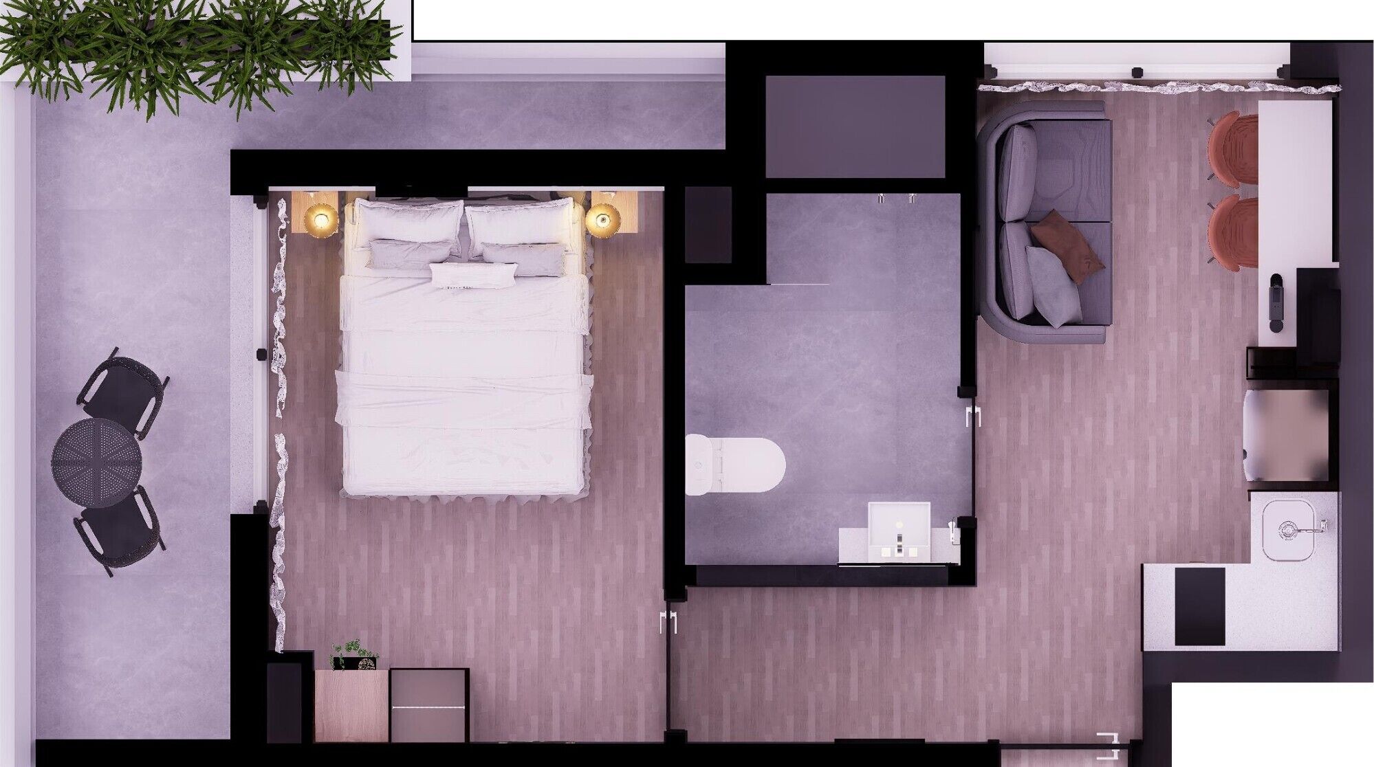 A hotel room layout with a bed, a desk, a chair, a sofa, and a small table.
