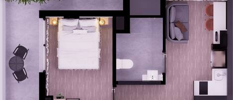 A hotel room layout with a bed, a desk, a chair, a sofa, and a small table.