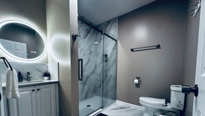 Un bagno moderno con cabina doccia in vetro, un water e un mobile lavabo con specchio.