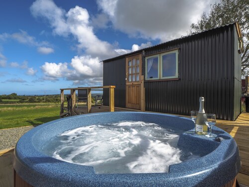 Romantic, cosy, shepherd's hut - log burner, hot tub, fire pit. Dogs welcome, heated outdoor pool