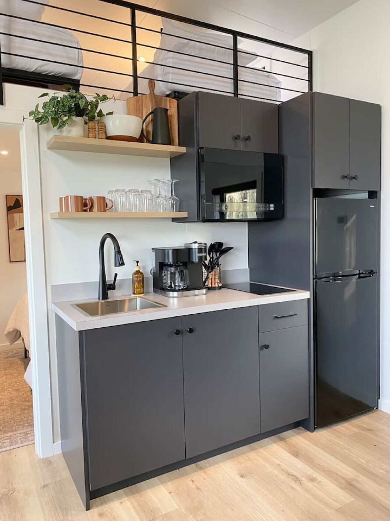 Fridge, microwave, coffee/tea maker, toaster