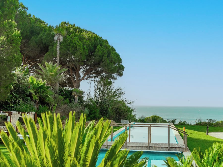 Una piscina con cubierta de madera, rodeada de vegetación exuberante y vista a una playa.