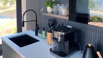 Fridge, microwave, stovetop, coffee/tea maker