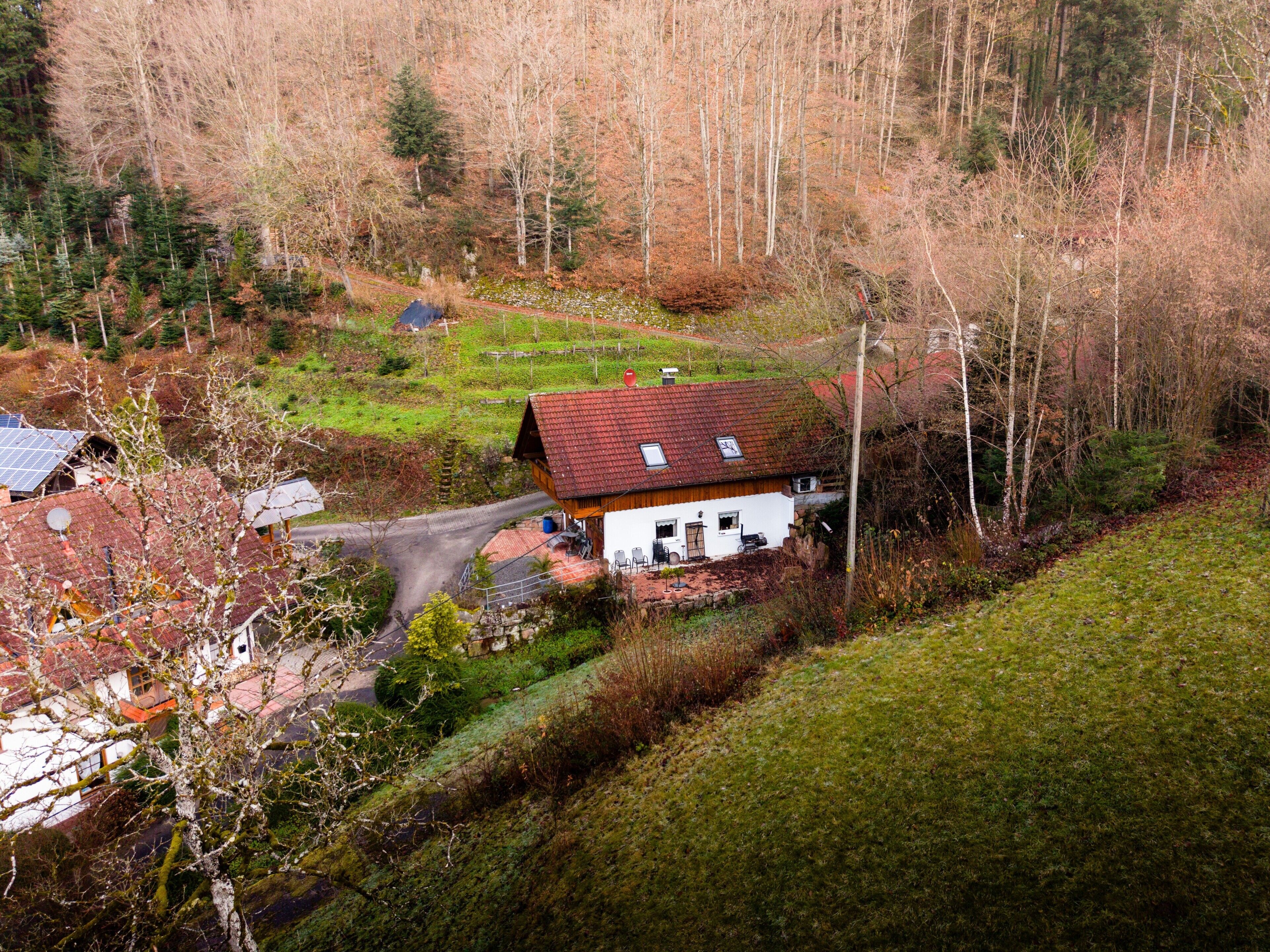 Une maison de campagne avec un toit rouge, entourée d’une zone boisée et bordée d’un petit chemin.