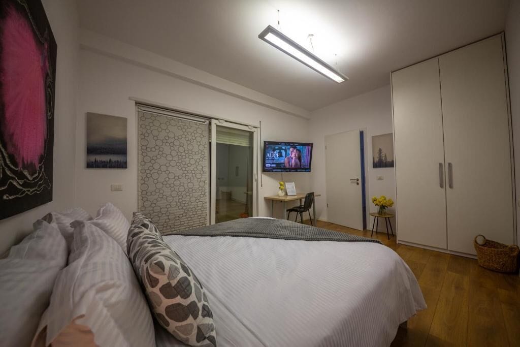 Un dormitorio con cama, escritorio, televisor y armario.