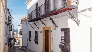 Une rue étroite bordée de bâtiments blancs, de balcons ornés de garde-corps en fer forgé et d’un chemin pavé.