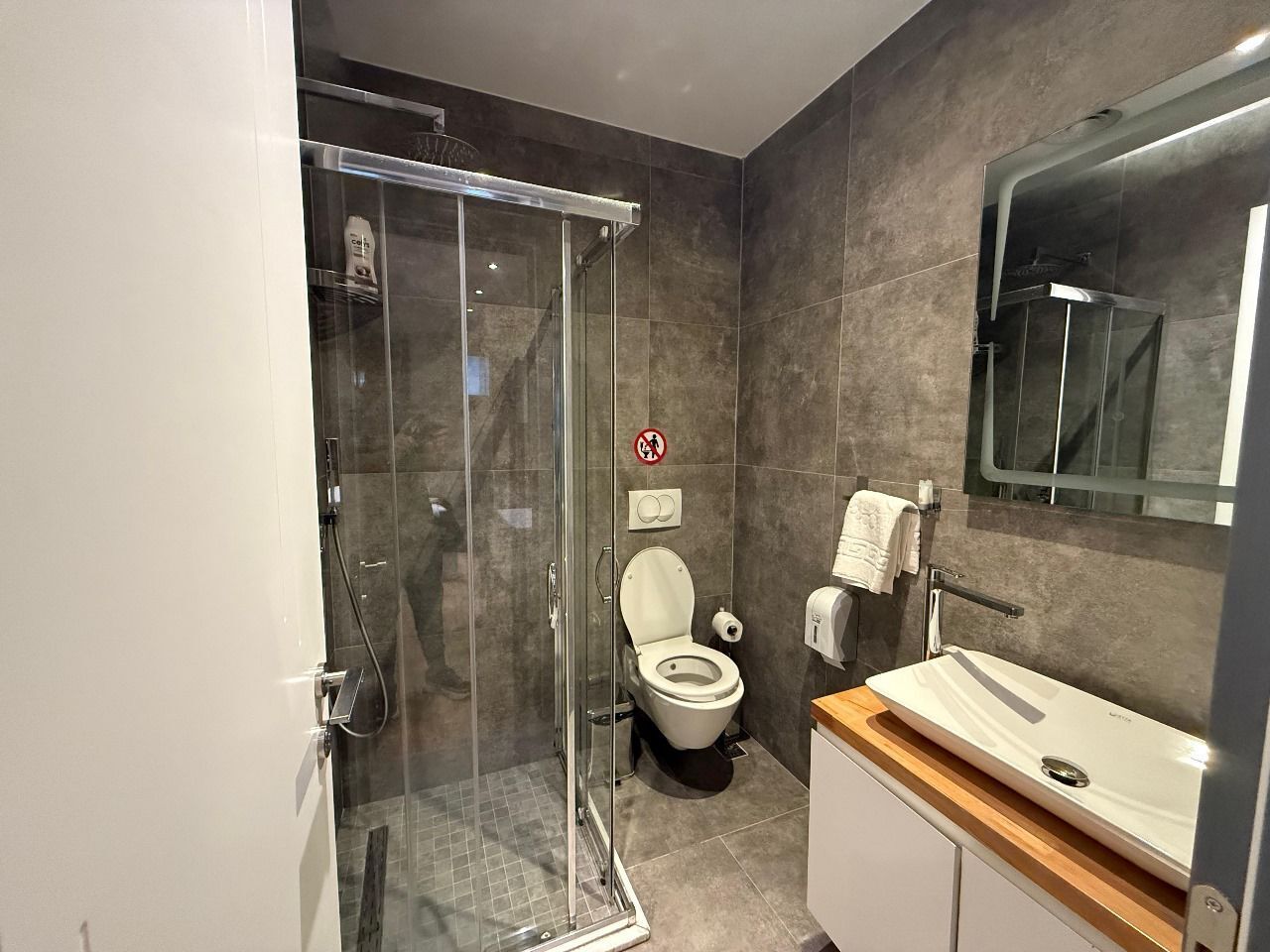 A modern bathroom with a glass-enclosed shower, a toilet, and a sink with a mirror above it.