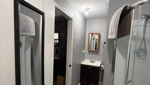 Une salle de bain avec une douche en verre, un lavabo et un miroir.
