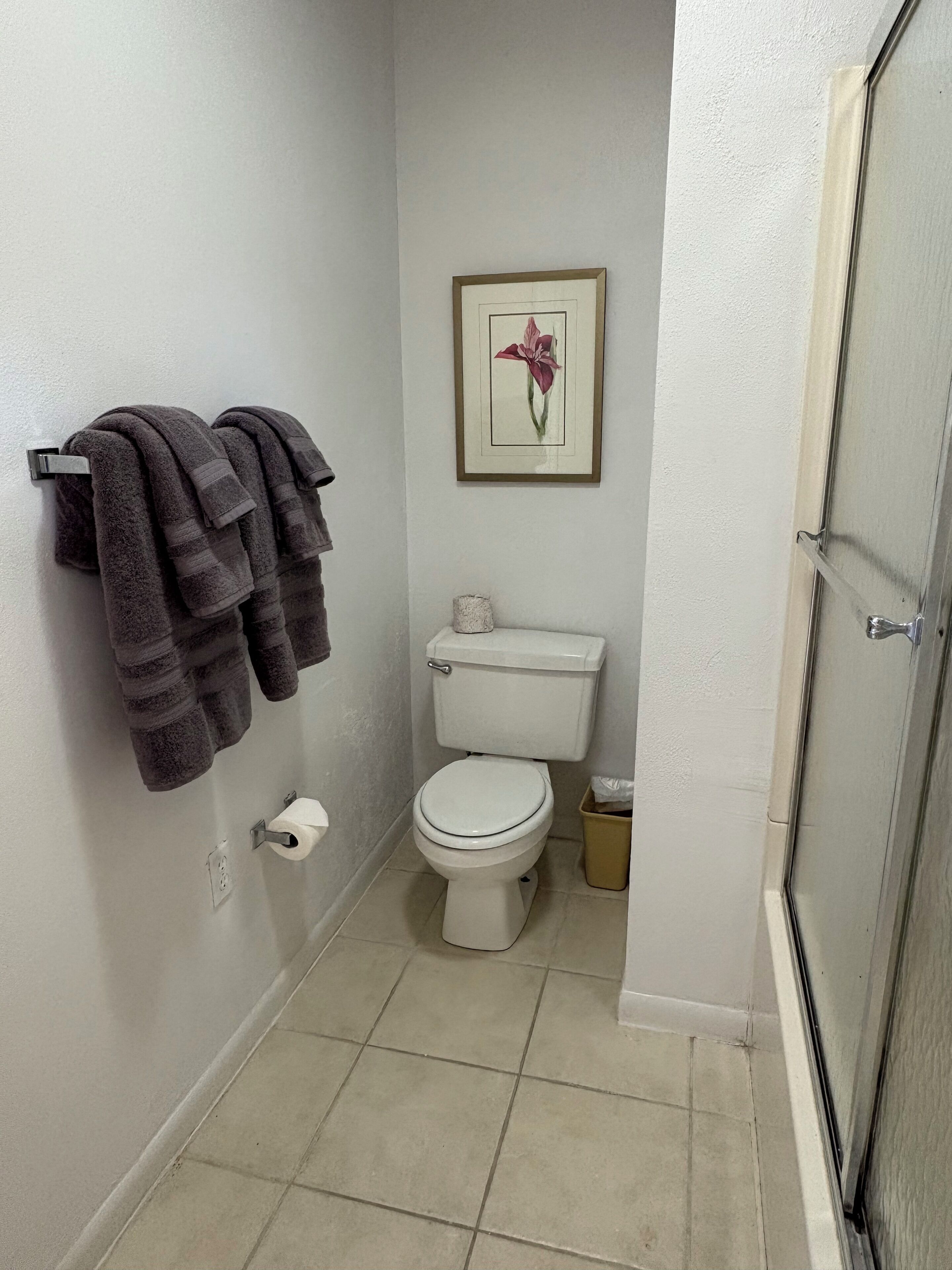 Jetted bath, hair dryer, towels, toilet paper