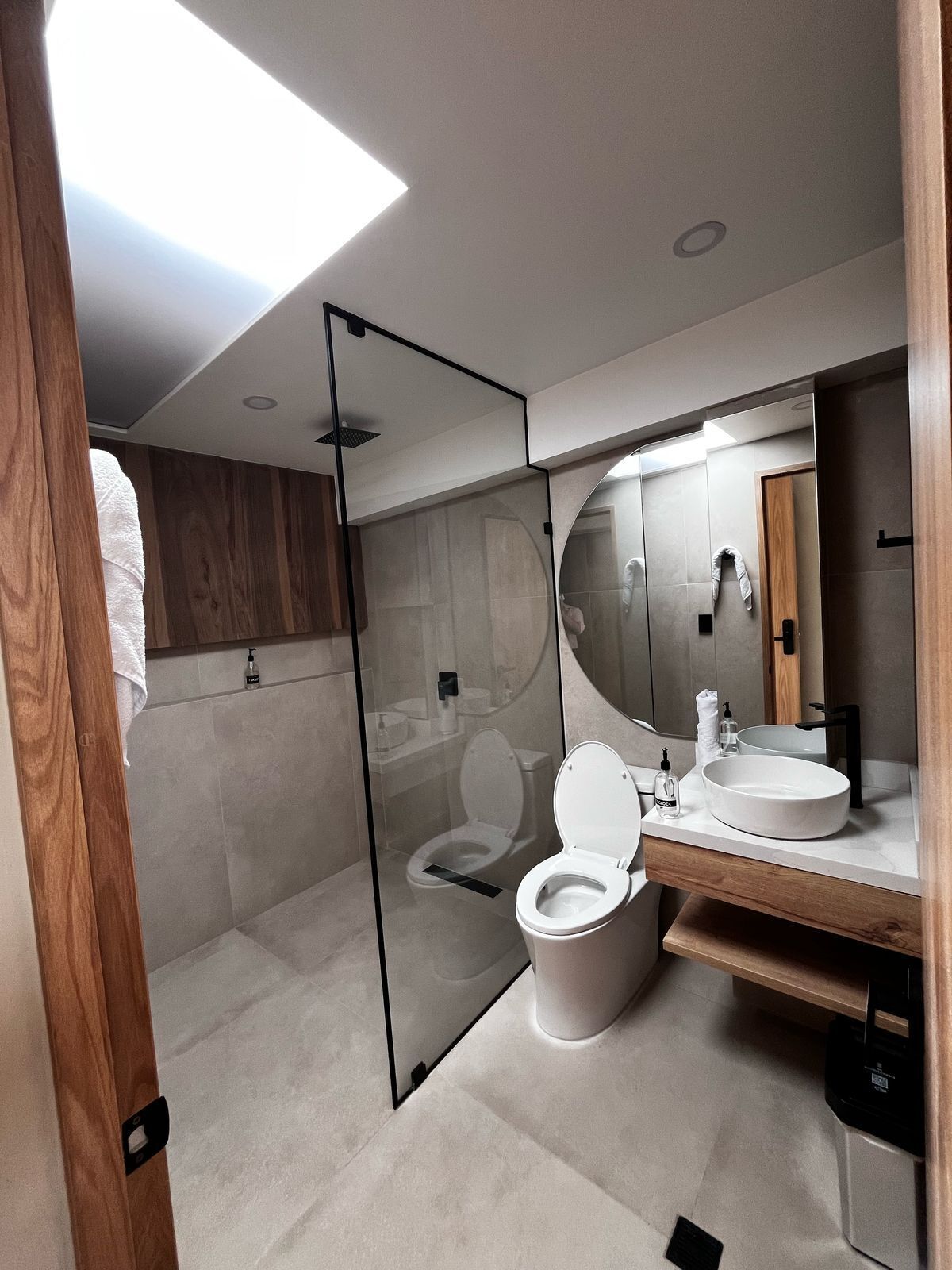 A modern bathroom with a glass-enclosed shower, a toilet, a sink, and a large mirror.