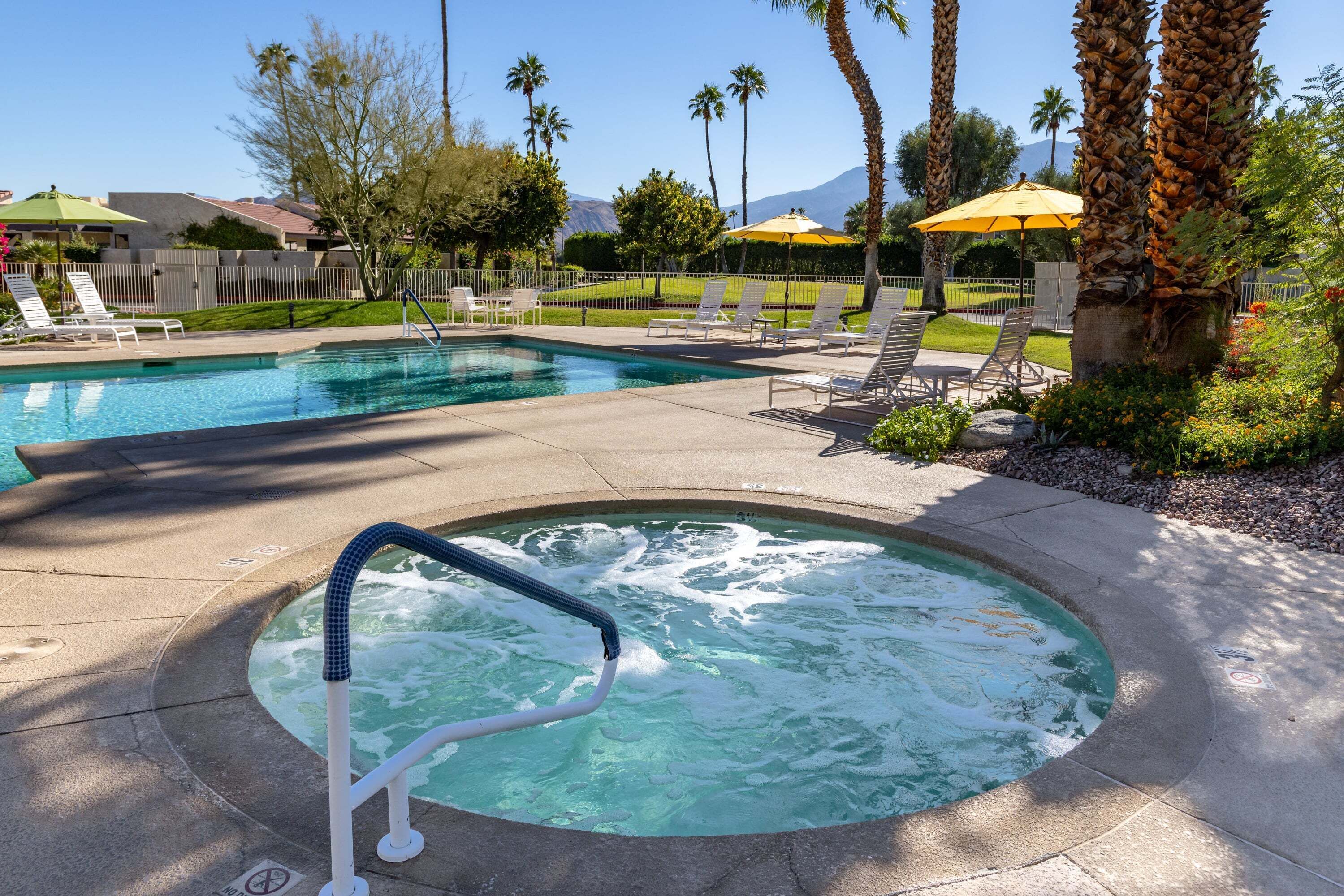 A swimming pool with lounge chairs, a hot tub, and palm trees.