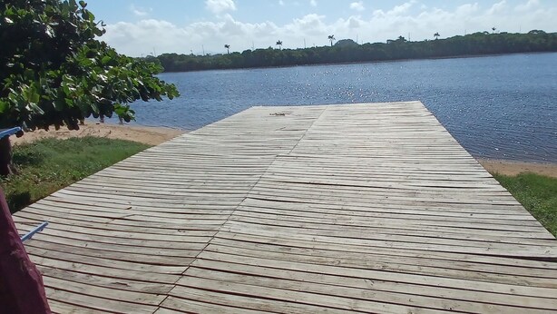 A wooden pier extending into a calm body of water, surrounded by greenery and a clear sky. - Fresh breeze.  In front of the sea (Barra Velha)