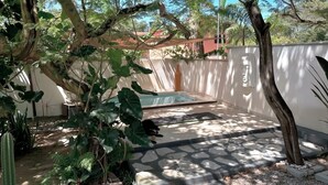 Un espace piscine doté d’un sol en pierre, entouré d’arbres et de plantes.
