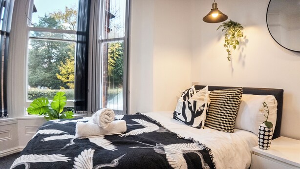 Ein ordentlich bezogenes Bett mit einer schwarz-weißen Dahendecke, einer Zimmerpflanze am Nachttisch und einer Wandlampe.