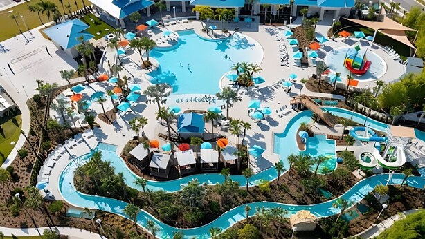 Luftaufnahme eines Resorts mit mehreren Swimmingpools, Wasserrutschen und Liegebereichen.