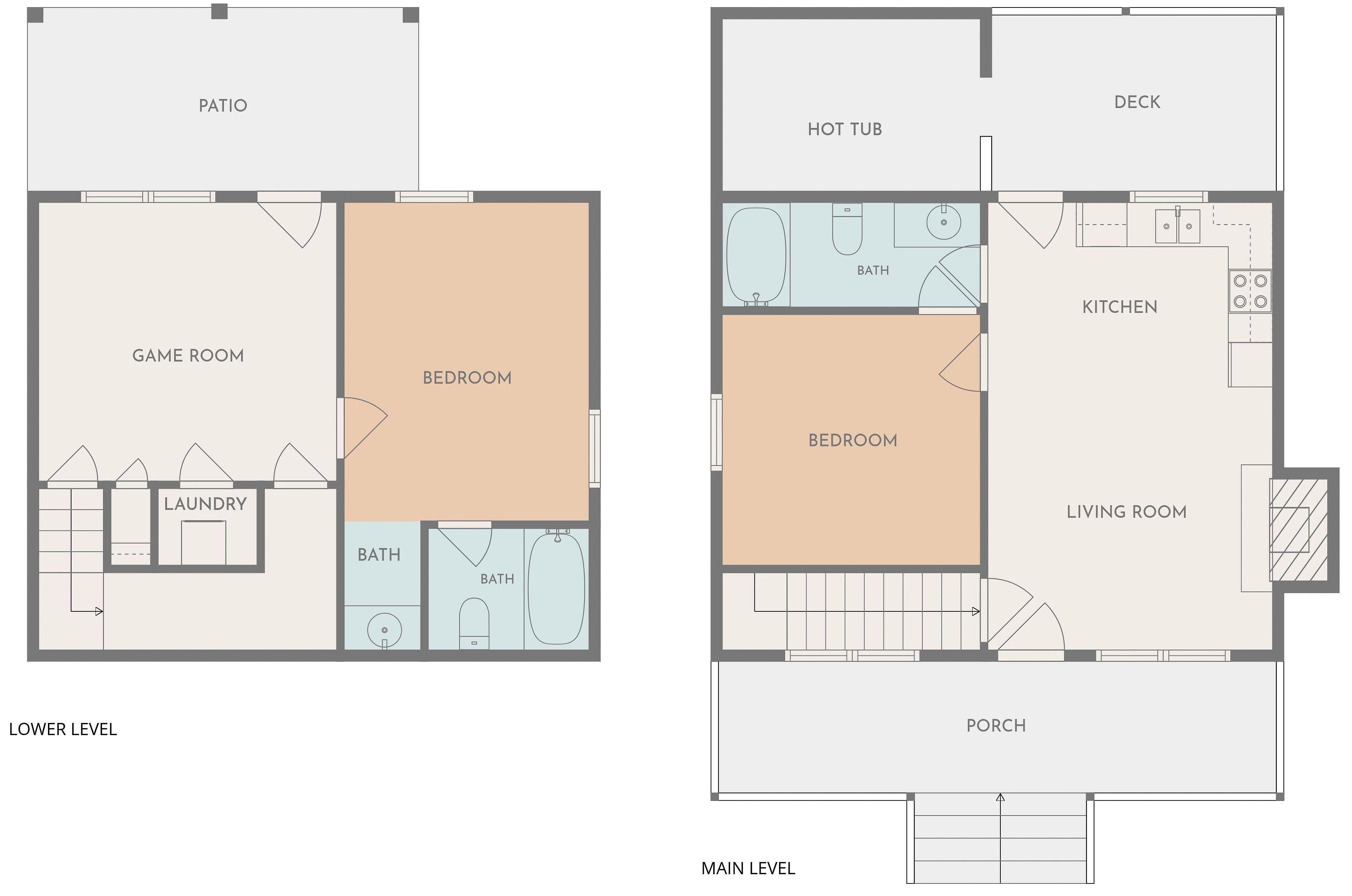 Twee plattegronden van een gebouw met een patio, speelkamer, wasserette, twee slaapkamers, twee badkamers, een jacuzzi, terras, keuken, woonkamer en een veranda.