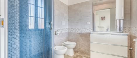 Shower, hair dryer, bidet, towels