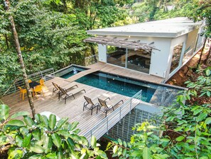 Ein modernes Haus mit Schwimmbad, umgeben von üppiger Bepflanzung.