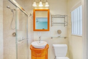 Hair dryer, towels, soap, shampoo