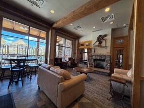 TV, fireplace, books