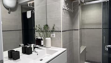 Shower, hair dryer, bidet, towels