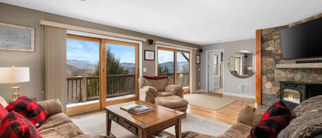 TV connectée, cheminée, livres