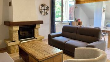 TV connectée, cheminée, livres