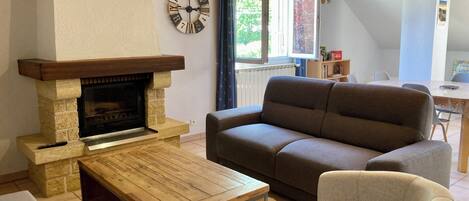 Smart TV, fireplace, books