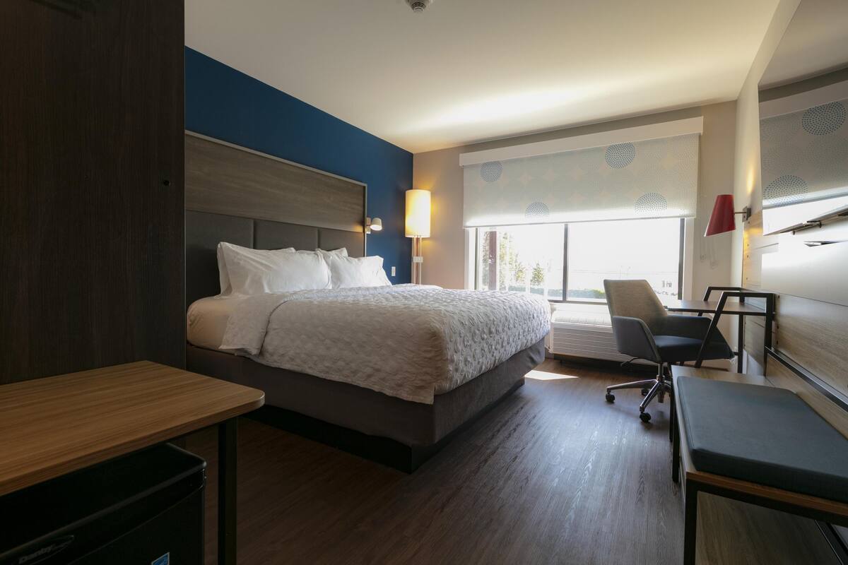A modern hotel room with a large bed, a desk, a chair, and a view of the outdoors.