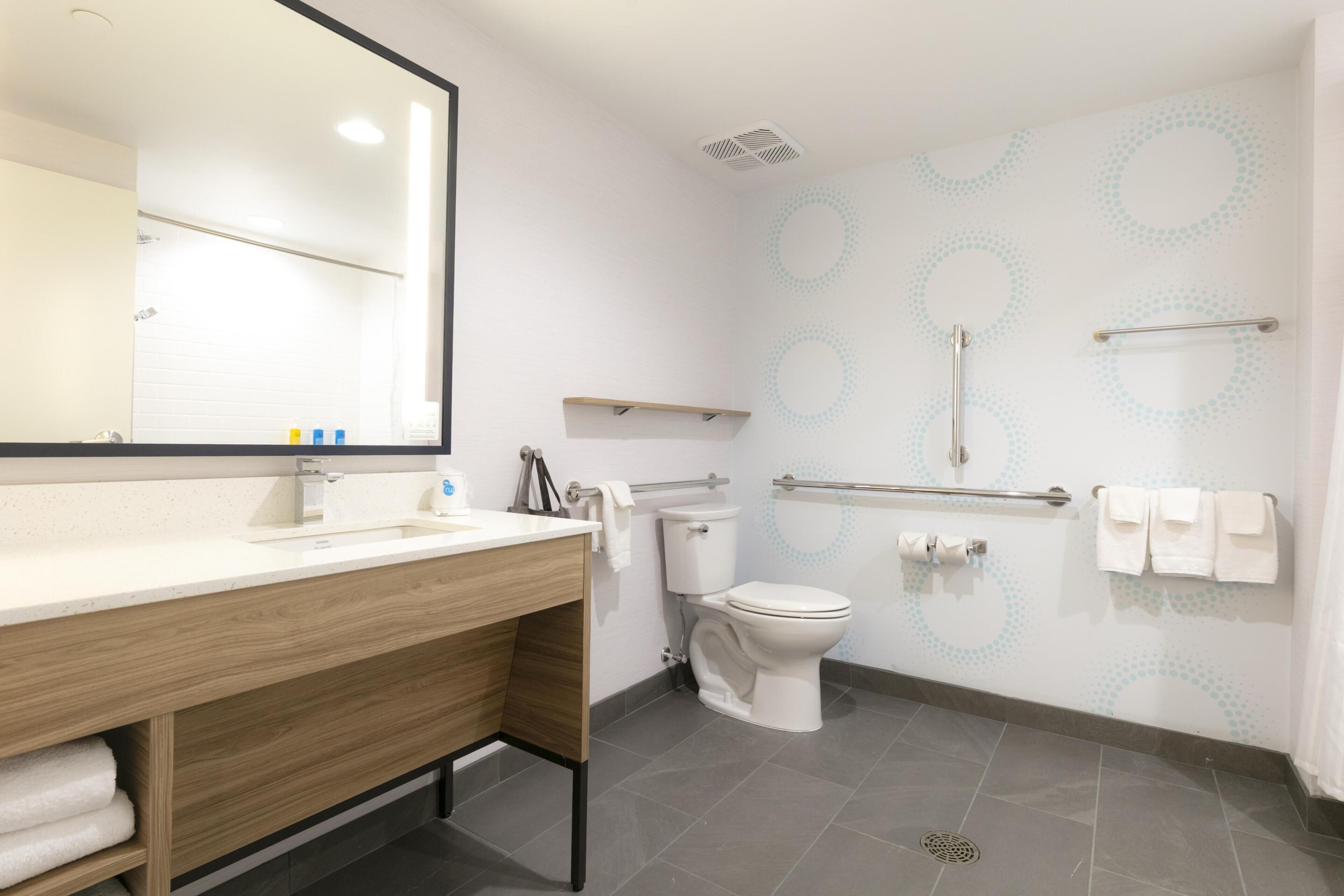A modern bathroom with a wooden vanity, a toilet, a shower with grab bars, and a mirror.