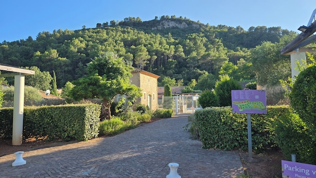 A cobblestone pathway leading to a building surrounded by lush greenery and a mountain backdrop. - The yellow house (Vidauban)