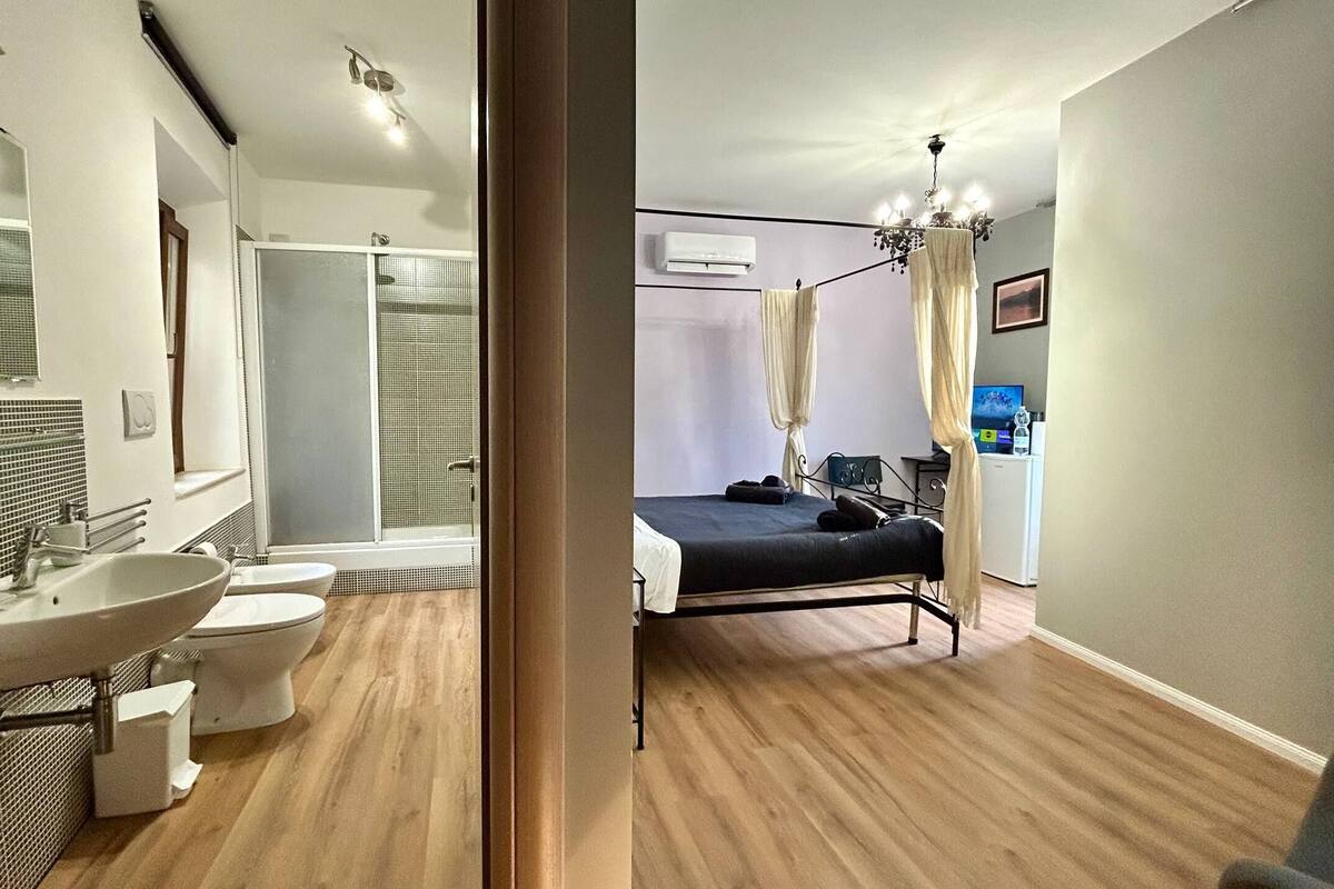 Un baño moderno con lavamanos, inodoro y ducha. La habitación tiene una cama, mesita de noche y televisor.