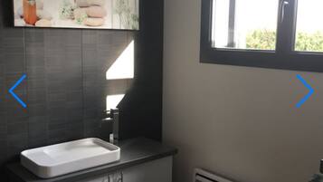 Ducha, secador de pelo, toallas y papel higiénico