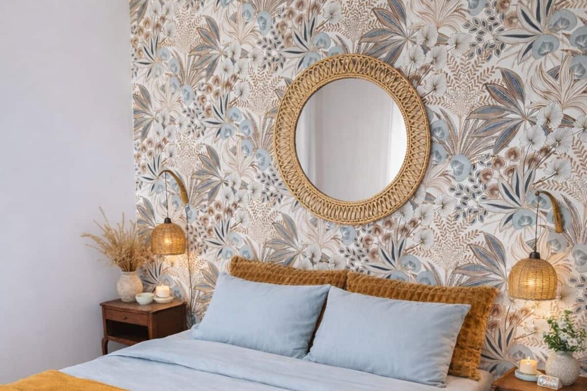 A bed with a patterned wallpaper, a round mirror, and two bedside lamps.