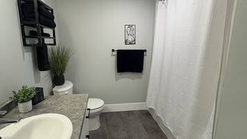 Hair dryer, towels, soap, toilet paper