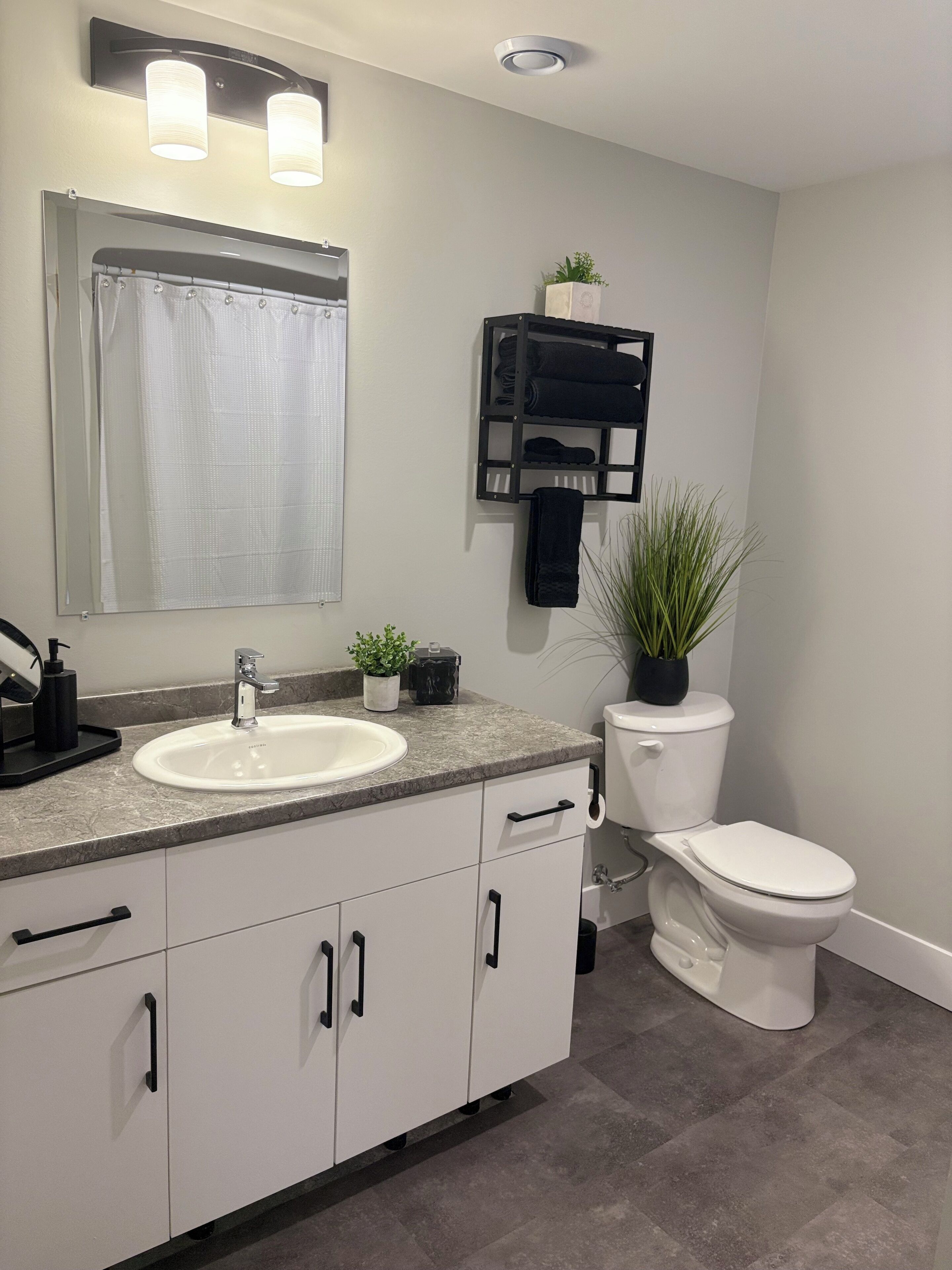 Hair dryer, towels, soap, toilet paper